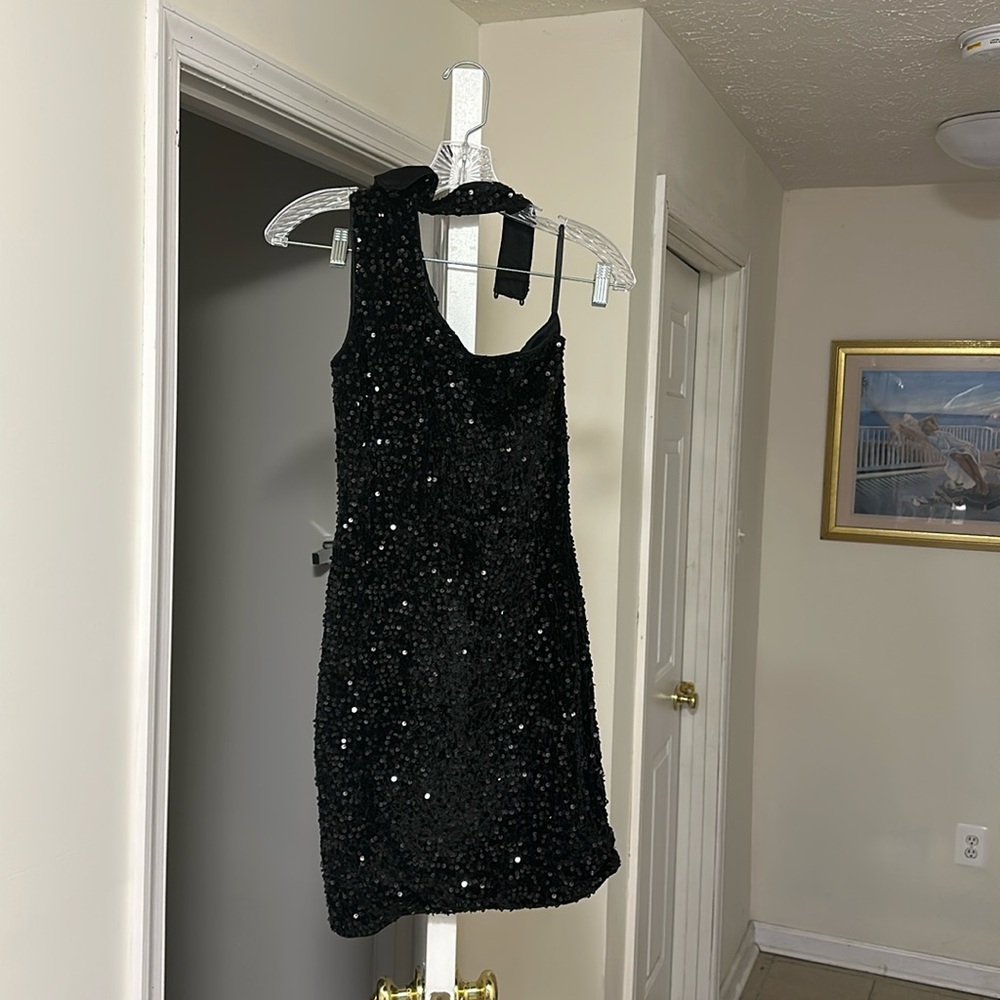 Black Sequin One Shoulder Mini Dress